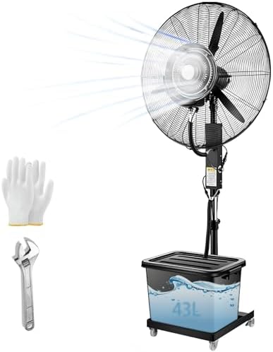 Industrial Misting Fan, 30" Outdoor Oscillating Pedestal Fan with 43L Water Tank, 3-Speed Spray Mist Cooling, Ideal for Camping & Patio Use, 380W Black