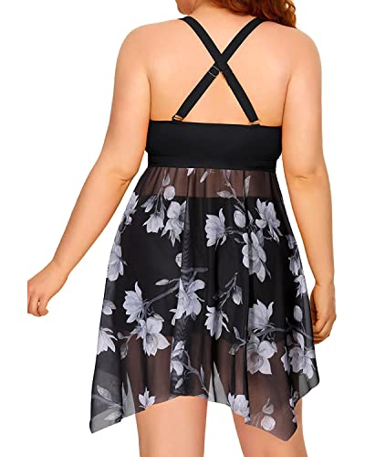 Image of Daci Plus Size Two Piece Swim Dress with Shorts for Women Mesh Swimsuits Flowy Bathing Suits