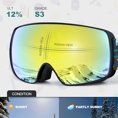 Odoland Kids Ski Goggles, Snowboard Goggles for Youth Skiing Age 8-16, Snow Goggles S2 Double Lens Anti-Fog UV400 Protection, Revo Golden VLT 12% by Odoland - Image 3
