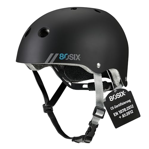 80SIX Skaterhelm Fahrradhelm für Kinder, Jugendliche, Erwachsene–Zertifiziert (CE EN1078)–Schutzhelm mit verstellbarem Drehverschluss für Scooter, Skateboard, BMX und Inline Skates–L/XL–Schwarz Matt