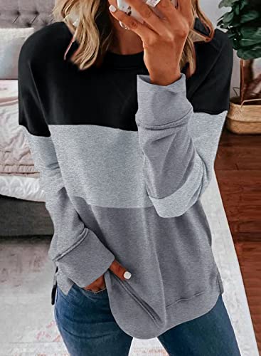 Biucly Womens Casual Fashion Crewneck Sweatshirt Loose Color Block Long Sleeve Tee Shirts Lightweight Soft Oversized Sweatshirts Pullover Tops Shirt,Us 8-10(M),Black,Light Grey,Grey #TOP1