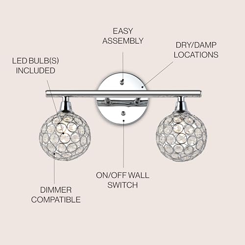 Image of JONATHAN Y 13 inch Chrome Maeve Modern Glam LED Vanity Light Sconce for Bathroom, Clear Crystal Globe Shade, Art Deco Wall Light for Hallway Entryway (JYL7535A)