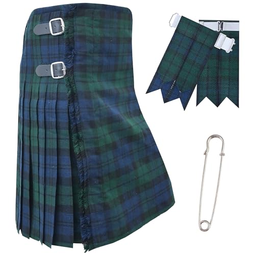 Kilts for Men Traditional Scottish Tartan 5 Yards 16oz Premium Acrylic Wool Handmade tartan kilts with 3 Leather Strap - Include Kilt Flashes and Kilt Pin (Black Watch Belly Button 46)