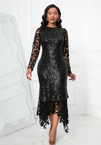 IWFEV Sequins Floor-Length Hollow Asymmetrical Women's Maxi Dress Lace Dress Party Evening Dress4