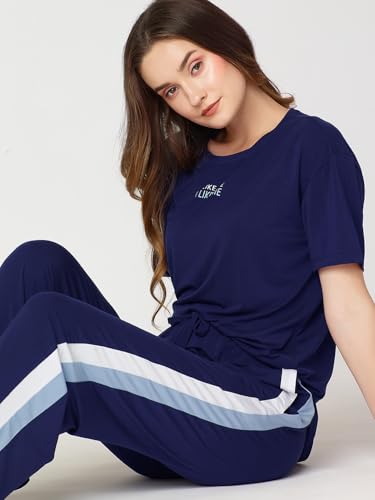 Image of Night Suit for Womens Side Stripe Modal Night Dress of Top and Pajama Set 9374