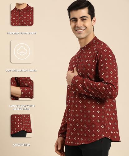 Image of Zombom Men's Cotton Polyester Blend Solid Regular Fit Full Sleeve Printed Short Kurta | Ethnic, Lightweight Summer Kurta for Daily & Occasion Use | Men's Trendy Short Kurta