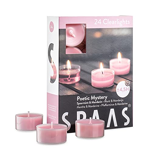 SPAAS Scented Tea Lights Candles in Clear Cups - Spearmint & Mandarin Fragrance | Long Burning Scented Tealight Candles for Spa, Romantic DÃ©cor, Meditation, Dinner, and Home DÃ©cor | Pack of 24