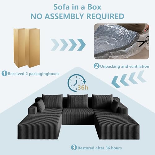 Image of 107 inch W Cloud Sectional Couch,Modern U-Shaped Cloud Couch with Deep Seat,Comfy Corduroy Sofa,Memory Foam Sofa for Living Room,No Assembly (Jet Black,Right-Facing Chaise)