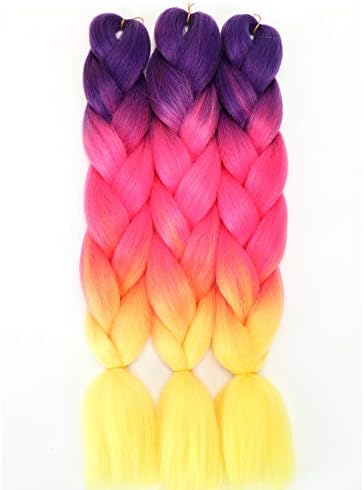 Imierfa 3 Tone Color Ombre Braiding Hair Extensions Kanekalon Braiding Hair Feed in Hair for Braids Twist Braids Box Braids Crochet Hair (Purple-Red Pink-Yellow 24" 3PCS)