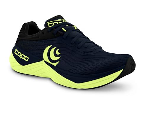 Topo Athletic Tênis de corrida masculino Ultrafly 5, Azul marinho/limão, 43