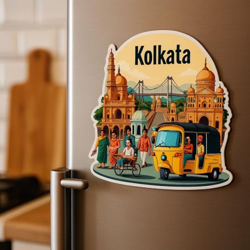Image of Naxon Kolkata City Theme Souvenir Wooden Fridge Magnet for Refrigerator - Printed Fridge Magnet for Kitchen & Home Decor | Perfect Souvenir Gift | Size 3x3 in | Pack of 1