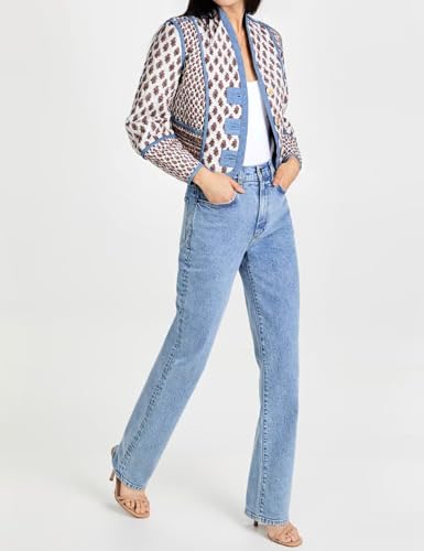 Wyeysyt Women's Cropped Quilted Puffer Jacket Cardigan Floral Printed Button Up Long Sleeve Padded Quilted Short Puffer Coats3