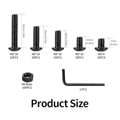 200 Pcs Alloy Steel M6 Bolts Set, Hex Socket Button & Round Head Cap Screws, Nuts, Pan Head Bolts, M6 black 200 - Image 2