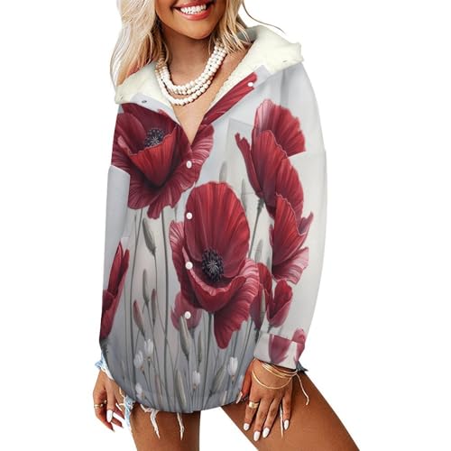Manteaux à capuche femmes pavot rouge chaud et vintage en sherpa
