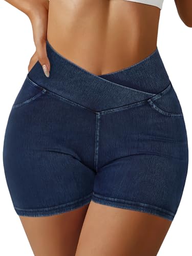 Women Cross Jean Yoga Shorts with Pockets