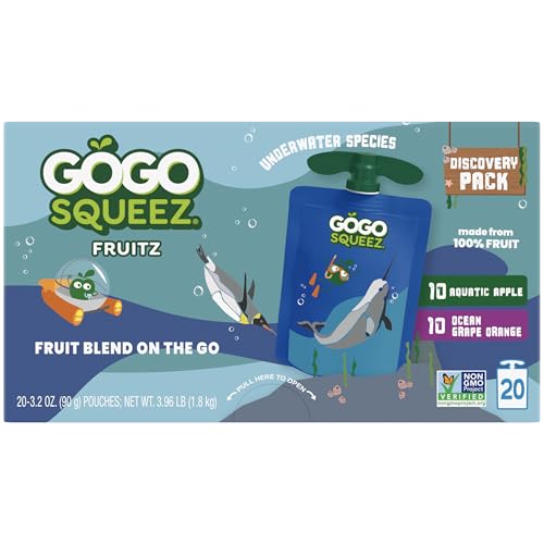 Image of GoGo squeeZ No Sugar Added Applesauce and Fruit Puree Underwater Species Discovery Pack, Aquatic Apple and Ocean Grape, 3.2 oz Pouches (Pack of 20), Fruit Snacks for Kids, Gluten Free, Nut Free, Recloseable Cap, BPA Free