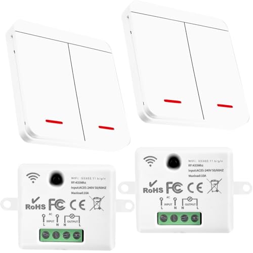 WIYETY Interruptor inalámbrico: 433 MHz + WiFi, iluminación inalámbrica, interruptor RF y receptor (2 interruptores, 2 receptores)