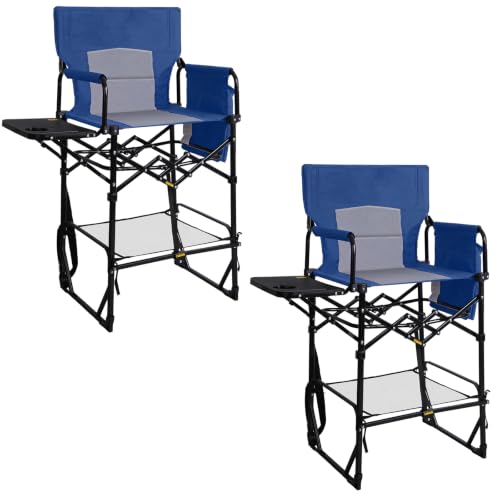 Image of Romswi 2Pcs Extra Tall Portable 30 inch Seat Height Folding Camping Chair Directors Chair High Foldable Bar Stool with Side Table for Makeup Artist, Sports Event, Craft Show, Supports 400LBS,Blue