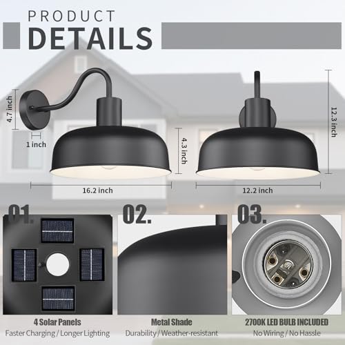 Image of Darkaway Solar Barn Light for Outdoor, Dusk to Dawn Outside Wall Lights Solar Powered, Industrial Gooseneck Black Exterior Wall Sconce for Barn Porch Garage,2 Pack