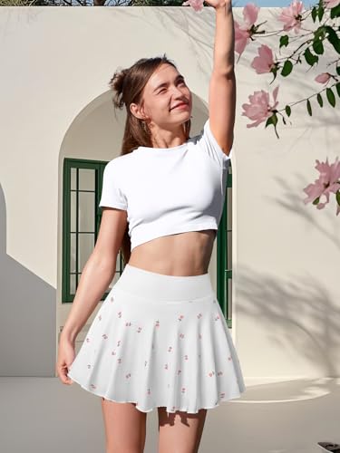 Women Ruffle Flare Playful Short Skirt Basic Stretchy Athletic Skirt with Pockets