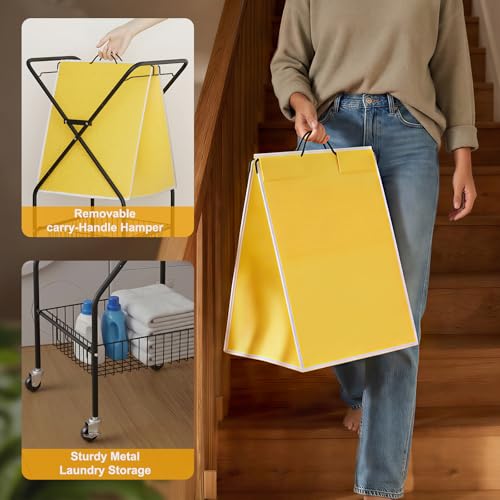 Image of Convenient Laundry Basket with Wheels,36 inch High Easy Rolling Laundry Cart with Wheels,Heavy Duty Dirty Clothes Laundry Hamper with Handles Removable Bag for Seniors,Folding Metal Frame /Yellow /98L