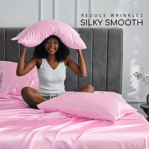 Image of MR&HM Satin Bed Sheets, Twin Size Sheets Set, 3 Pcs Silky Bedding Set with 15 Inches Deep Pocket for Mattress (Twin, Pink)