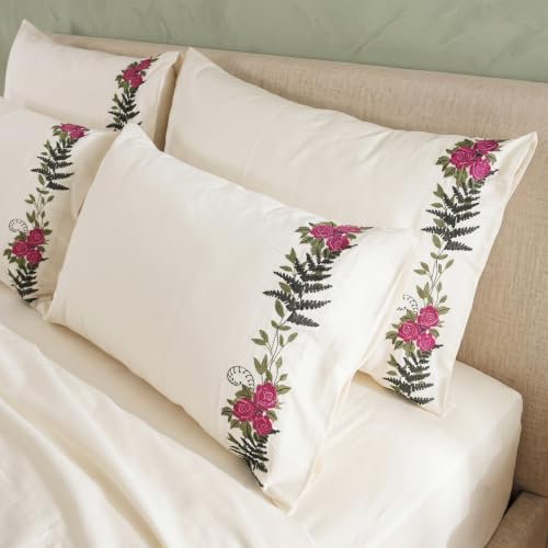Image of Embroidered Premium Bedsheet Set | 300 TC 100% Cotton 1 Queen Bedsheet Set | Extra Smoothness with Sateen Weave| Autumn Ivory Bedsheet Set (1 Flat Sheet + 2 Pillow Cases)