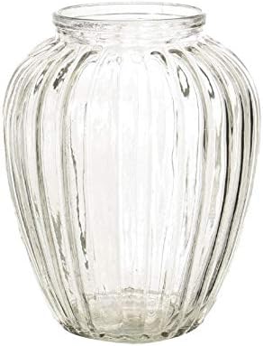 Round Ribbed Clear Glass Flower Bud Vase Jar Home Decoration Decor Ornament (13cm)