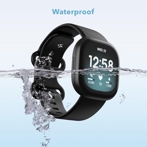 4 Pack Waterproof Bands fit for Fitbit Versa 3 / Versa 4 / Sense/Sense 2 Bands, Classic Soft Sports Replacement Wristbands for Women Men (Black/Starlight/blue/Grey, Large 7.1''-8.7'')