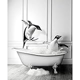 123 Life Penguin Bathroom Decor Wall Art Two Penguin Play In The Bathtub Canvas Artwork Poster Black
