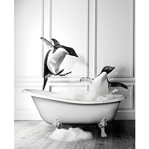 123 Life Penguin Bathroom Decor Wall Art Two Penguin Play In The Bathtub Canvas Artwork Poster Black And White Paintings Pictures For Bathroom Unframed (12X16In/30X40Cm) #TOP15