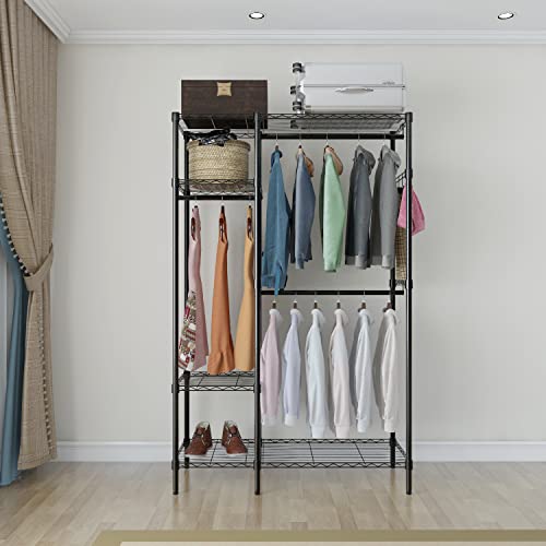 Karl Home Wire Garment Rack With 3 Hanging Rods, Adjustable Freestanding Clothes Rack Clothing Closet System With 4 Metal Shelves Hooks, Heavy Duty Compact Wardrobe Storage Organizer For Coat Shoes #TOP3