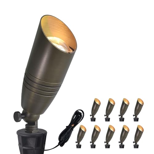 COLOER Die-cast Brass Landscape Spotlights Outdoor, 12V AC/DC Low Voltage Lighting, IP65 Waterproof Outdoor Directional Garden Patio Trees Spot Uplight (102B,10-Pack Without Bulb) Bronze(102