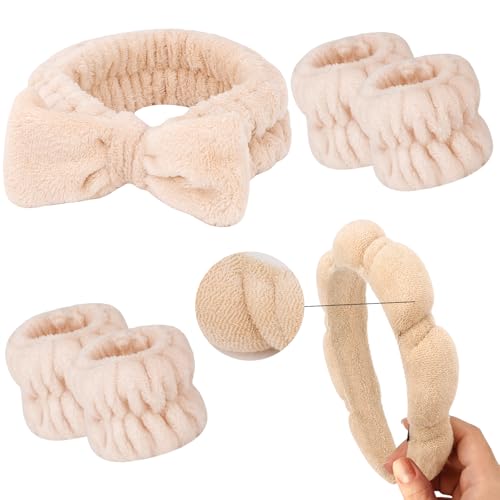 CUBACO 6PCS Spa Headband and Wristband Set for Women, Sponge Skincare Headbands Makeup Headband for Girls Face Wash Facial Mask,Makeup and Skin Care Trendy Stuff khaki