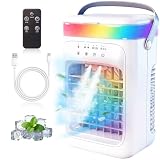 2026 New 4-in-1 Portable Air Conditioner, Sound ≤30dB Mini AC Unit, 12H Runtime, 1000ML Evaporative Air Cooler, 3 Speed & 2 Mist, Remote, USB, Timer, 7-Color LED for Bedroom Office Car - 1 PCS