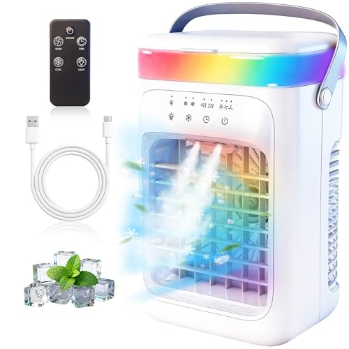 2026 New 4-in-1 Portable Air Conditioner, Sound ≤30dB Mini AC Unit, 12H Runtime, 1000ML Evaporative Air Cooler, 3 Speed & 2 Mist, Remote, USB, Timer, 7-Color LED for Bedroom Office Car - 1 PCS
