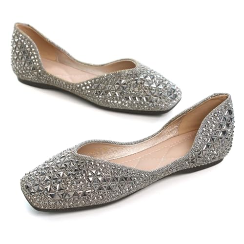 ChaiRong Zhou Womens Square Toe Flats Low Heel Dress Shoes Comfortable Ballet Flats Slip on Rhinestone Wedding Shoes4