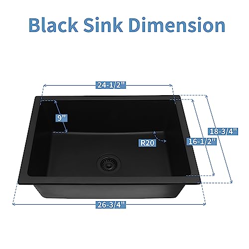 Image of Black Kitchen Sink, Matte Black Granite Composite Kitchen Sink, 27 Inch Undermount Quartz Stone Kitchen Sinks, 27 inch x 18 inch x 9 inch Single Bowl Kitchen Sinks With Accessories