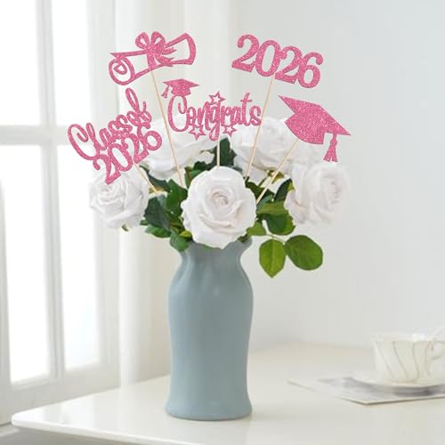 15 PCS 2026 Graduation Centerpiece Sticks Diploma Congrats Grad Cap 2026 Table Flower Centerpieces Class of 2026 Senior Graduation Floral Decorations for 2026 Graduation Theme Party Supplies Pink
