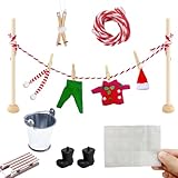 Winzige Wäschespinnen für Wichtel! 10 Weihnachtselfen Zubehör, Wichtel Kleidung Miniatur, Wichtel Zubehör Weihnachten, Miniatur Wäscheständer Set, Wäscheständer Miniatur Zubehör für Puppenhaus Möbel Holz Kleidung und Klammern, Holz Weihna