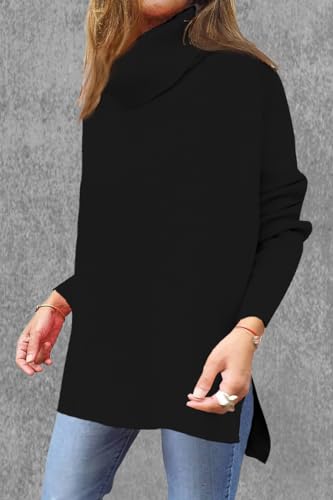 Image of Women's Turtleneck Oversized Sweaters Long Sleeve Split Hem Striped Knit Pullover Tops