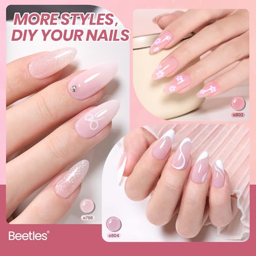 Image of Beetles Pink Gel Nail Polish Set, 8 Colors Nude Pink Jelly Gel Polish Shimmer Glitter Sheer Transparent Effect Classic Neutral Nail Polish Soak Off UV French Nail Art Salon Gift Manicure for Women