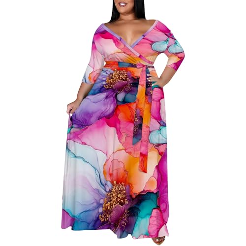 Image of SUZONANA Plus Size Maxi Dresses for Curcy Women Casual Loose 3 /4 Sleeve Long Dress with Belt