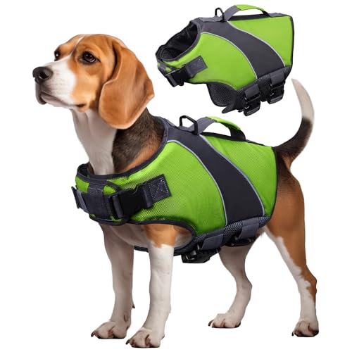 Navaris Dog Swimming Life Jacket - Comfortable and Easy-to-Use Doggy Swim Vest - Adjustable Float Jacket Size Bright Green Colour for Visibility - For Small Dogs