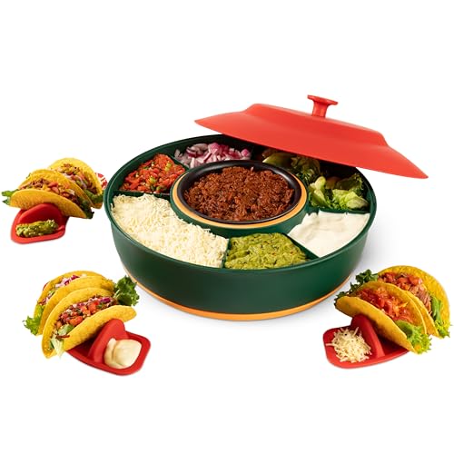 Taco Tuesday Kit – Taco Bar Serving Set for a Party – 30oz Heated Pot, 4 Taco Holders, & Detachable Lazy Susan Tray – Taco Night Fiesta – Unique Couple & Housewarming Gift Set Ideas