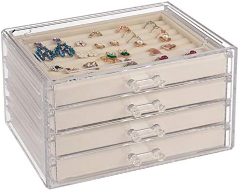 Weiai Acrylic Jewelry Organizer, Clear Jewelry Box with 4 Drawers, Velvet Display Case Storage Earring Rings Necklaces and Bracelets for Women, Girls (Beige)