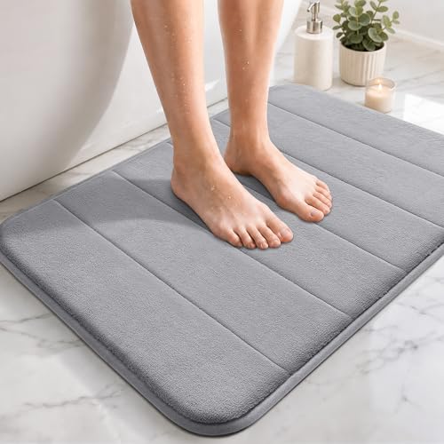Yimobra Memory Foam Bath Mat 43 x 61 cm Non Slip Bathroom Mat Soft Absorbent Quick Dry Bath Rug Machine Washable for Shower Sink and Bathroom Grey
