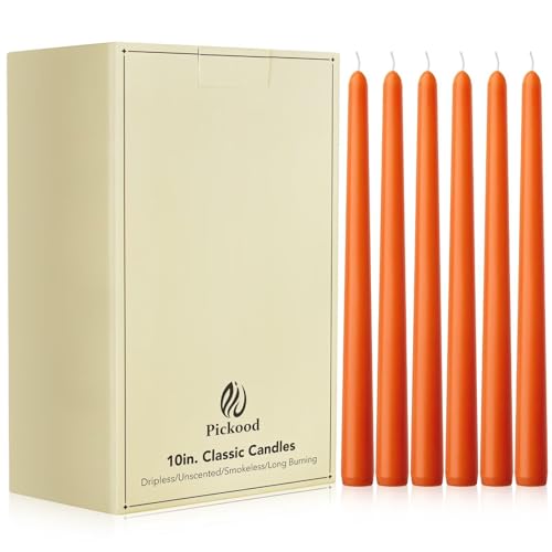 Pickood 10-Inch Tall Unscented Dripless Taper Candles 30 Pack - Orange, Perfect for Wedding, Dinner - Smokeless, 6-8 Hour Long Burning - Colored Candlesticks Bulk
