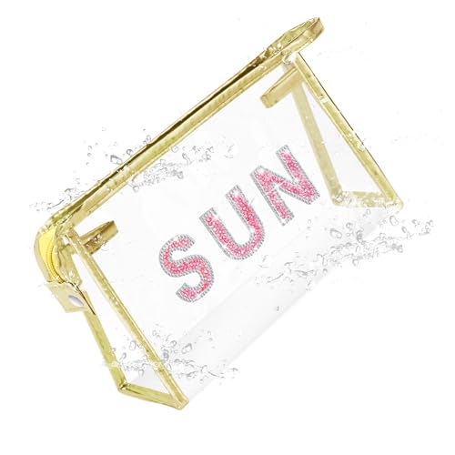 YILANCOL Clear Bling Makeup Pouch, Cute Sunscreen Bag,Travel Beach Pool Bag With Glitter Rhinestone Letter Sun, Personalized Waterproof Travel Toiletry Purse Teen Girl (Pink-SUN)