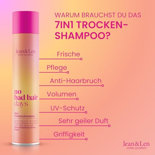 Jean & Len 7in1 Trockenshampoo, ohne weiße Rückstände, für Volumen & Frische, mit UV-Filter, pflegend & stärkend, blumiger Duft, ohne Parabene & Silikone, vegan Dry Shampoo, 200 ml